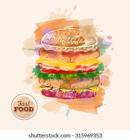 Watercolor Hamburger or Sandwich. Fast Food sketch