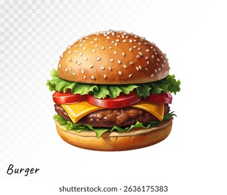 Watercolor hamburger with tomato, and cheddar cheese in a sesame bun, hand-drawn in high detail for fast food themed designs. Vector illustration