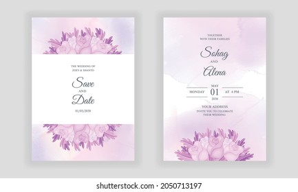 Watercolor hand draw floral weeding invitations card with soft pink rose and leaves background Vector template design