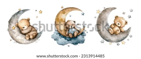 Watercolor hand draw illustration brown teddy bear sleeping on the moon
