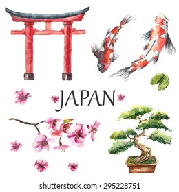 Acuarela Dibuja elementos de diseño japoneses: Puerta Torii, árbol bonsai, pez koi y rama de flor de cerezo. Ilustración vectorial.