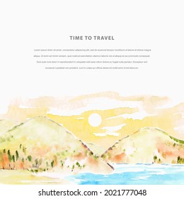 Watercolor hand draw vector illustration with sea, sunset and mounains. Travel template frame for invitation, poster, flyer, banner, card. Place for message