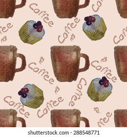 Watercolor hand draw vintage textured coffee cup seamless pattern