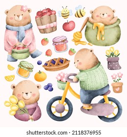 Watercolor Hand Drawing bear and elements set 