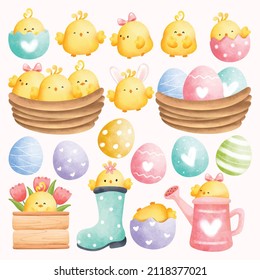Watercolor Hand drawing chick and Easter egg set 
