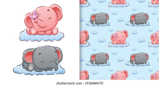 The watercolor hand drawing of the couple elephant sleeping on the cloud of illustration