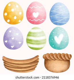 Watercolor Hand drawing Easter egg and basket set 