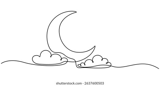 Watercolor hand drawing picture - cloud,moon and star.Good as world sleep day concept, One continuous line drawing of Moon with cloud and stars. Sweet dream concept for nursery in simple linear style.