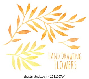 Watercolor hand drawing sprigs with sun leaves - vector illustration