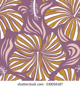 Watercolor hand drawing style. Vector hibiscus floral pattern. Floral hibiscus flowers. Design in yellow and violet colors for invitation, wedding or greeting cards, textile, prints or fabric.