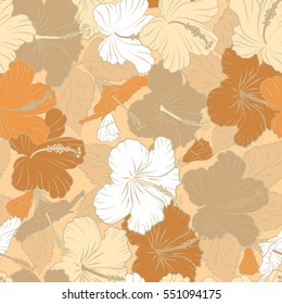 Watercolor hand drawing style. Vector hibiscus floral pattern. Floral hibiscus flowers. Design in white, beige and orange colors for invitation, wedding or greeting cards, textile, prints or fabric.