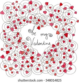 Watercolor hand drawn abstract background with hearts, spirals and lettering Be my Valentine vector