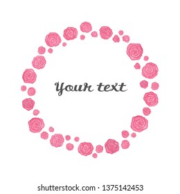 Watercolor hand drawn abstract pink roses circle frame, vector