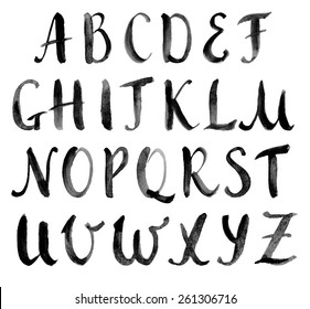 Watercolor Hand Drawn Alphabet, Capitals. Vector Illustration. Brush Painted Letters.