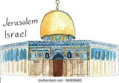 Watercolor hand drawn architecture sketch of Israel Jerusalem Mosque Dome of the Rock with lettering isolated vector