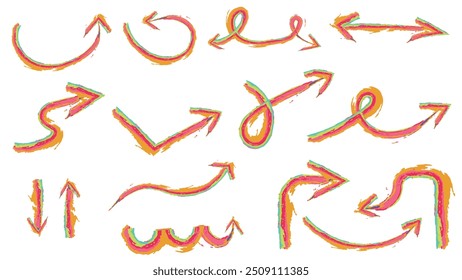 watercolor hand drawn arrow doodle collection in thin colorful stokes isolated on white background