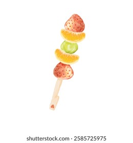 Watercolor Hand Drawn Assorted Tanghulu, Traditional Chinese Candied Fruit on Skewer with Mixed Fruits, White Background. Perfect for Asian Food Illustrations.