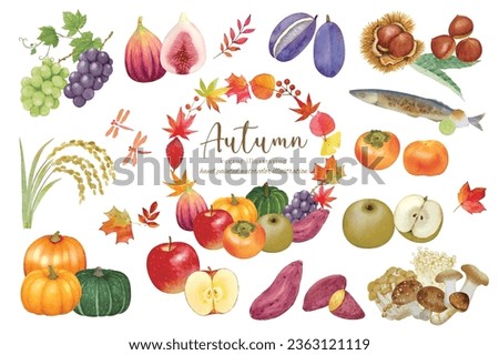 Watercolor hand drawn autumn fruits and food cartoon set