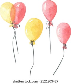 watercolor hand drawn ballons red and yellow bundle
