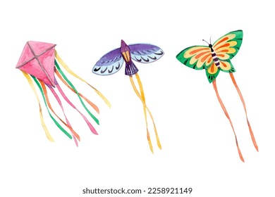 Watercolor hand drawn beautiful kites collection