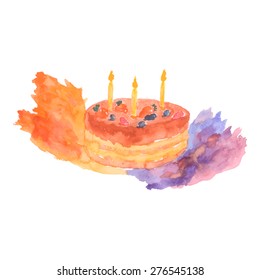 Watercolor hand drawn birthday cake illustration. Isolated on white background. Vector. 