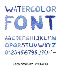 Watercolor Hand Drawn Blue Font. Vector Illustration of Type Font Typography Elements