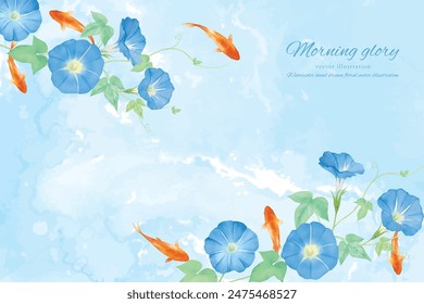 Watercolor hand drawn blue morning glory and goldfish background