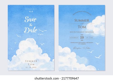 Watercolor hand drawn blue sky wedding invitation set template