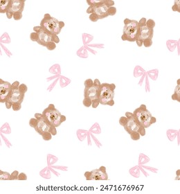 watercolor hand drawn brown teddy bear with pink bow tie on a white background, seamless pattern