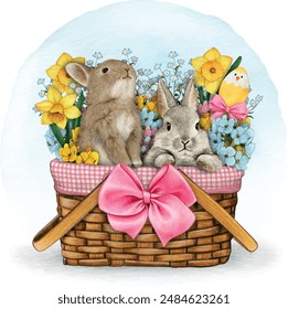 Watercolor hand drawn bunnies in a basket full of flowers