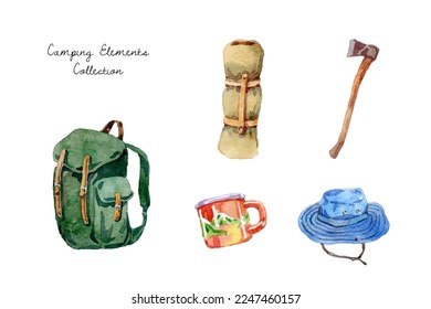 Watercolor hand drawn camping elements collection