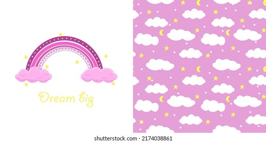 Watercolor hand drawn card illustration with stars,clouds and rainbow with clouds, fairy tale magical clip art with phrase dream big. Isolated on white background. Birthday card.