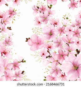 Watercolor hand drawn cherry blossom sakura seamless pattern design