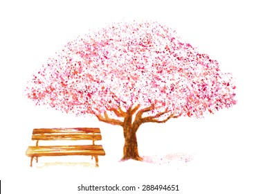 watercolor hand drawn cherry tree and bench on white. vector