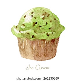 Watercolor Hand Drawn chocolate chip mint ice cream. Vector Illustration, eps10 