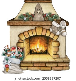 Watercolor hand drawn christmas fireplace