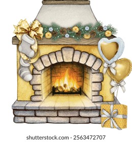 Watercolor hand drawn christmas fireplace