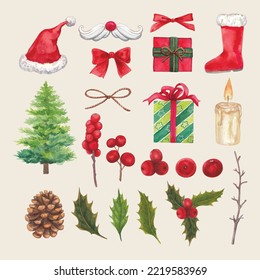 Watercolor hand drawn christmas set. Happy new year composition.