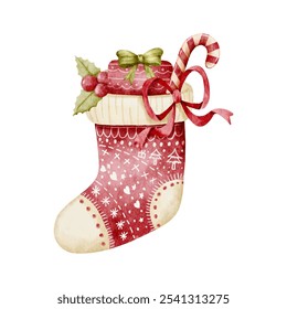 Watercolor hand drawn christmas stocking full of gifts and treats cartoon character, Perfect for Christmas greeting cards and festive decoration vector