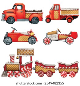 Watercolor hand drawn christmas truck full of presents