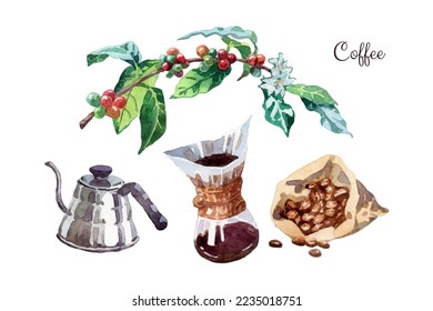 Watercolor hand drawn coffee elements collection