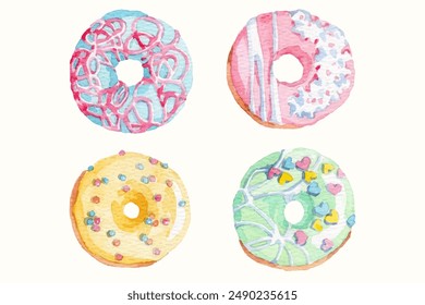 Watercolor hand drawn colorful donuts collection