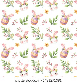 watercolor hand drawn colorful easter rabbits in eggs, leaves and flowers.Spring pattern for banners, posters, cover design templates, social media stories wallpapers and greeting cards. vector illust