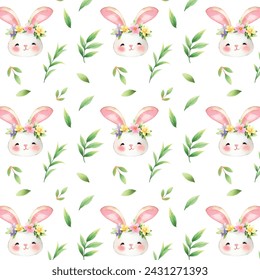 watercolor hand drawn colorful easter rabbits in eggs, leaves and flowers.Spring pattern for banners, posters, cover design templates, social media stories wallpapers and greeting cards. vector illust