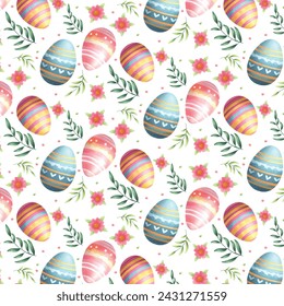 watercolor hand drawn colorful easter eggs, leaves and flowers.Spring pattern for banners, posters, cover design templates, social media stories wallpapers and greeting cards. vector illust