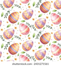 watercolor hand drawn colorful easter eggs, leaves and flowers.Spring pattern for banners, posters, cover design templates, social media stories wallpapers and greeting cards. vector illust