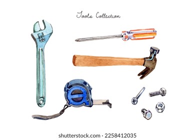 Watercolor hand drawn construction tools collection