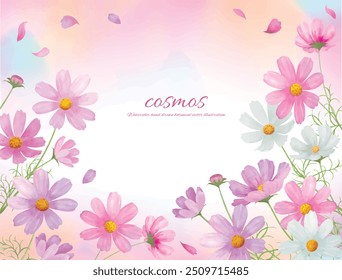 Marco de Ilustración vectorial de flores de cosmos dibujado a mano de acuarela