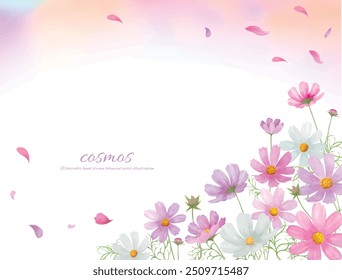 Marco de Ilustración vectorial de flores de cosmos dibujado a mano de acuarela