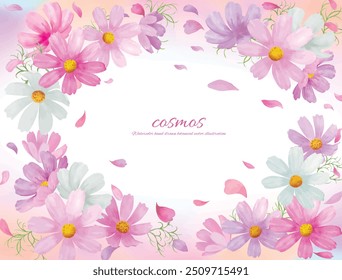 Marco de Ilustración vectorial de flores de cosmos dibujado a mano de acuarela